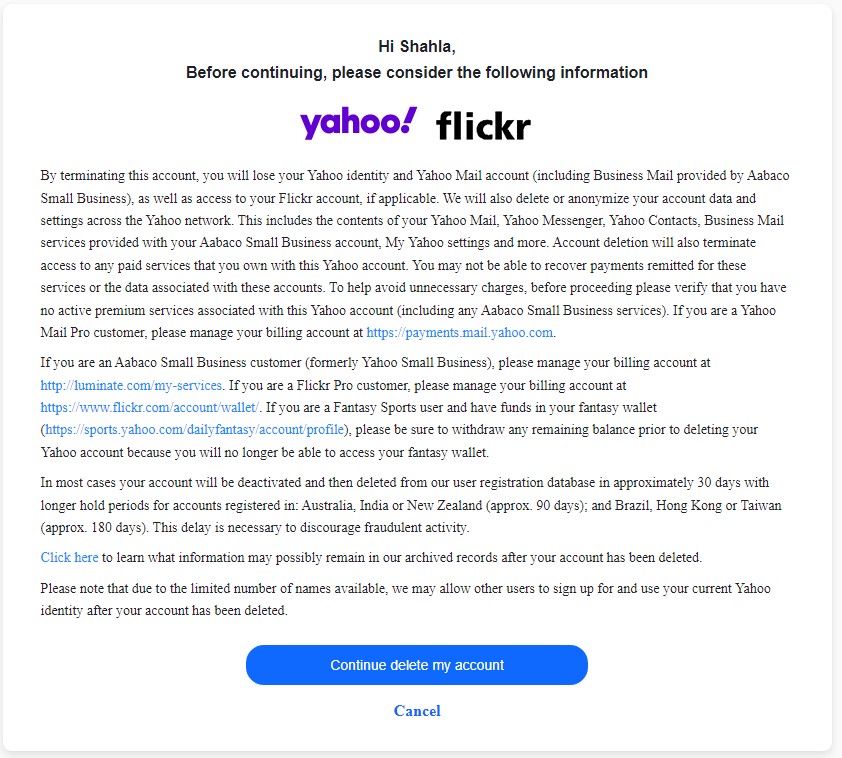 Delete Yahoo! Flickr account