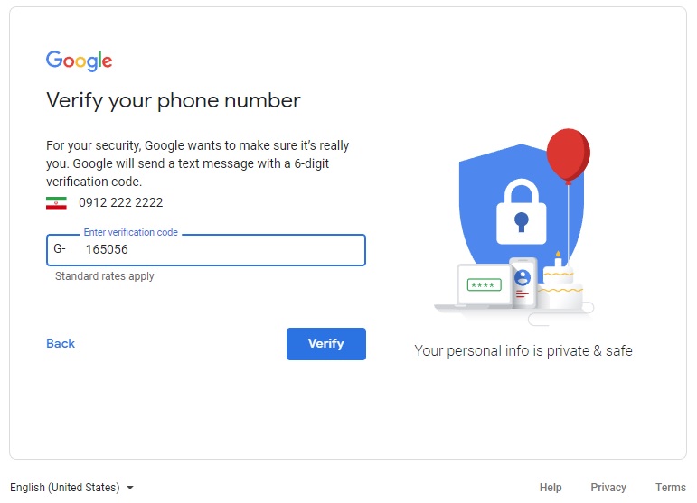 کد تایید گوگل برای تلفن همراه را وارد کنید