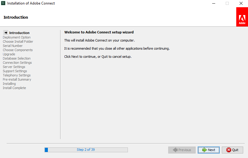 Welcome to adobe connect setup wizard