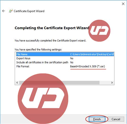 Completing the certificate export wizard