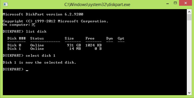 select disk on diskpart