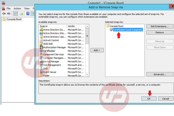 Add or Remove Snap-ins" window, select added Certificates