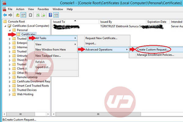 Root select Personal> Certificates(right click)> All Tasks> Advanced Operations> Create custom request