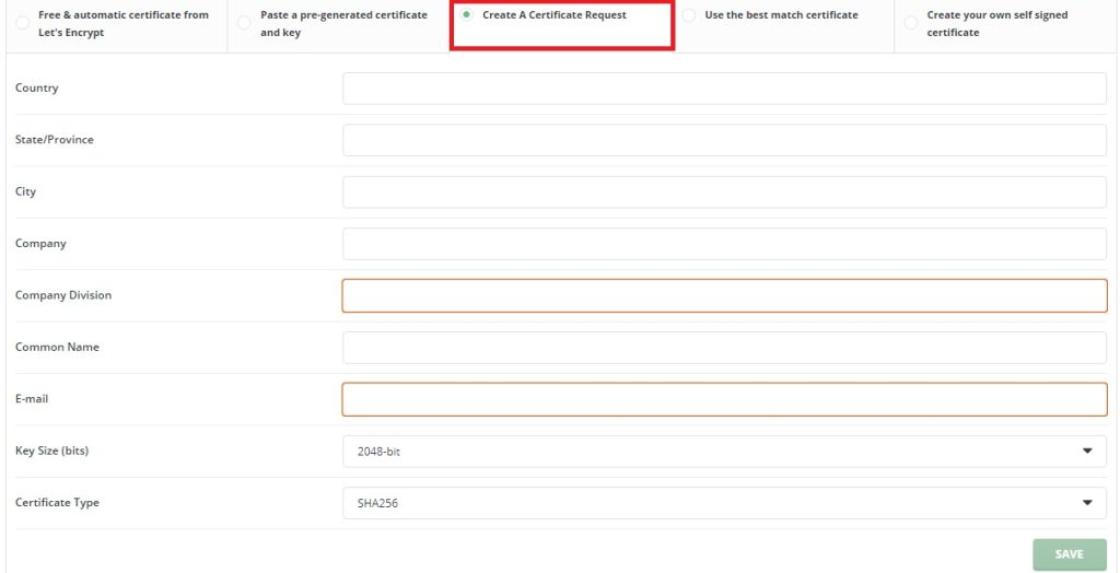 DirectAdmin Create A Certificate Request
