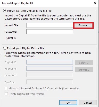outlook import/Export Digital ID