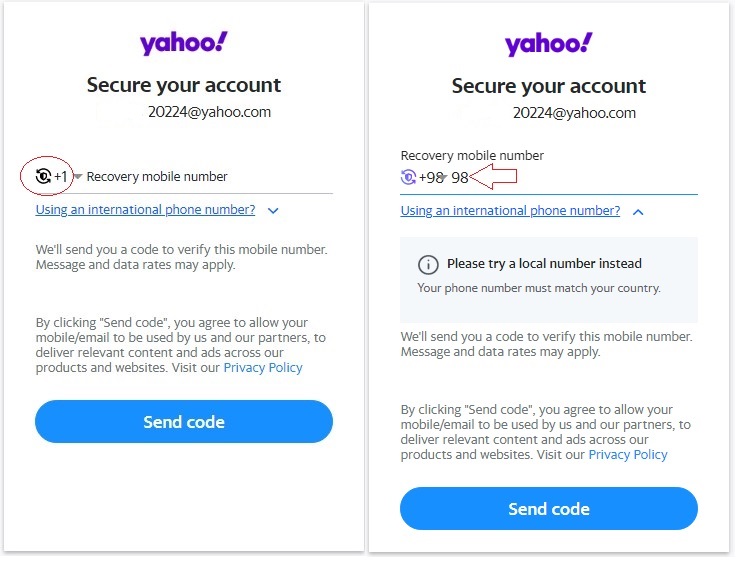 Yahoo Recovery mobile number ساخت ایمیل یاهو